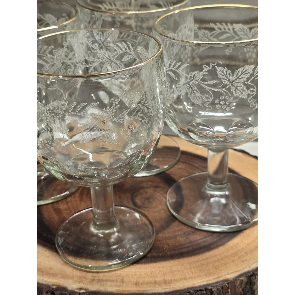 VTG Lot Of 4 Bartlett Collins Thumbprint Etched Grapes & Leaves Goblets 1940s